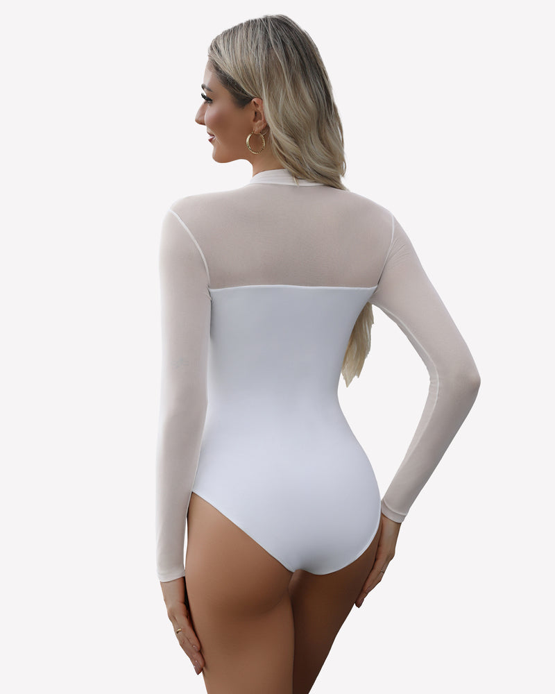 White sheer mesh bodysuit with mock turtleneck and long sleeves. Sexy lingerie for women