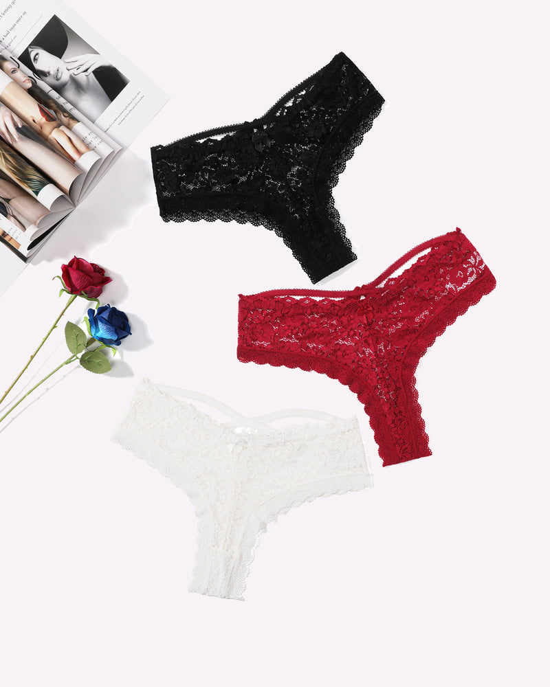 Lace panties set by Avidlove in black, red, white with criss-cross back. Feminine and sexy design