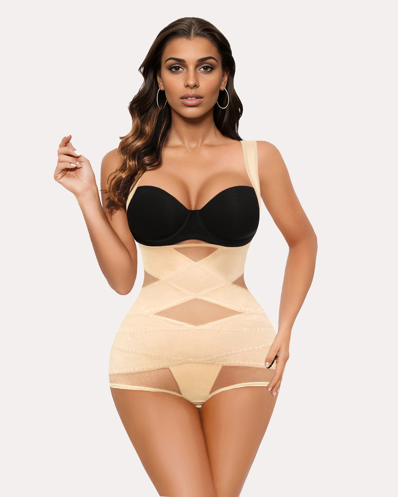 Beige tummy control bodysuit shapewear with X-cross design, offering comfortable daily shaping