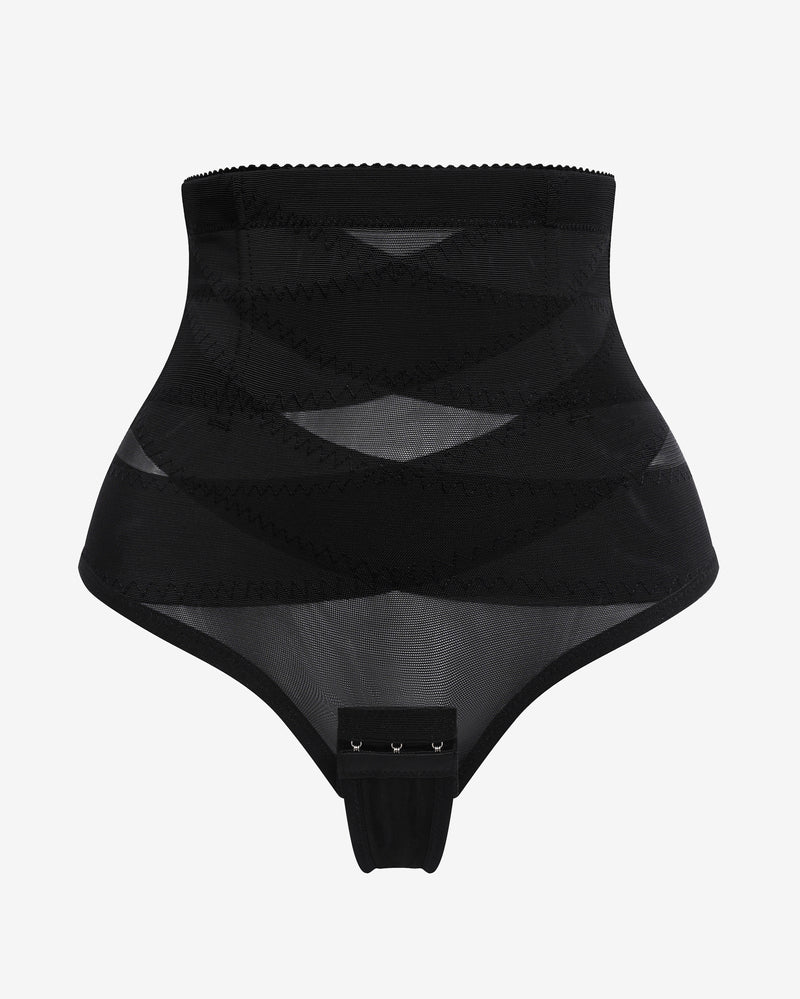 Black high-waisted thong shapewear with mesh design for tummy control and smooth silhouette