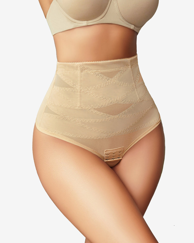 Beige high-waisted tummy control thong shapewear; mesh design and hook closure for stomach control.