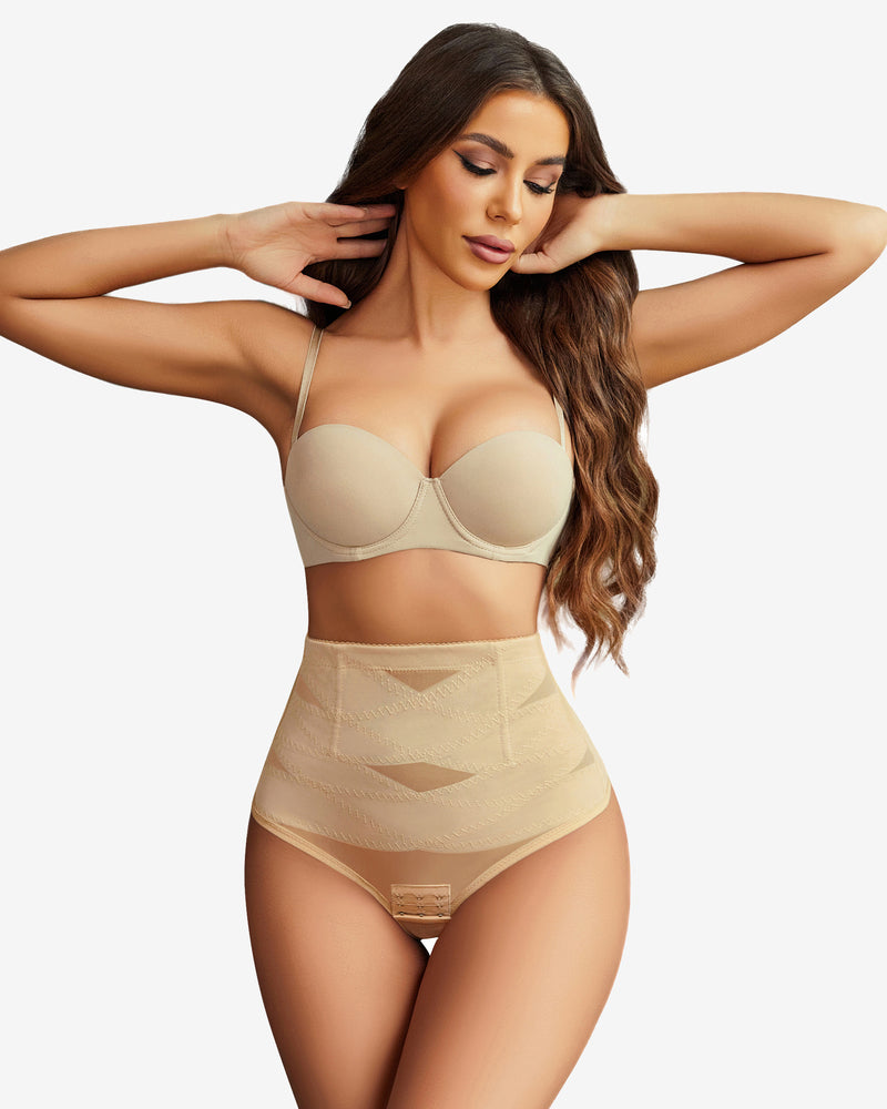 Beige tummy control thong shapewear: mesh detail, hook closure, high-waisted design, strapless bra.