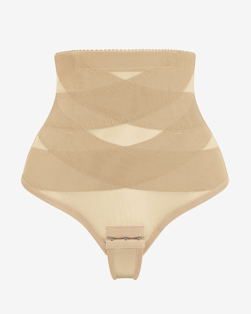 Beige high-waisted shapewear with mesh design and hook closure for tummy control.