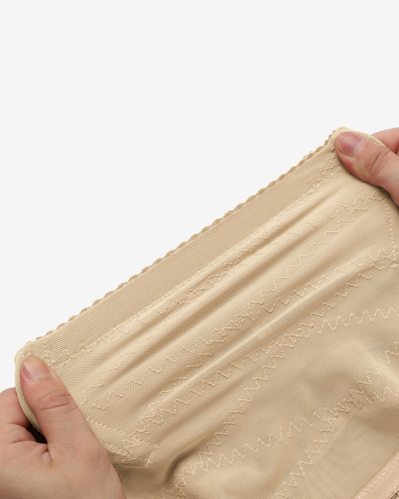 Beige mesh tummy control shapewear. High-waisted design, firm waist, breathable fabric.