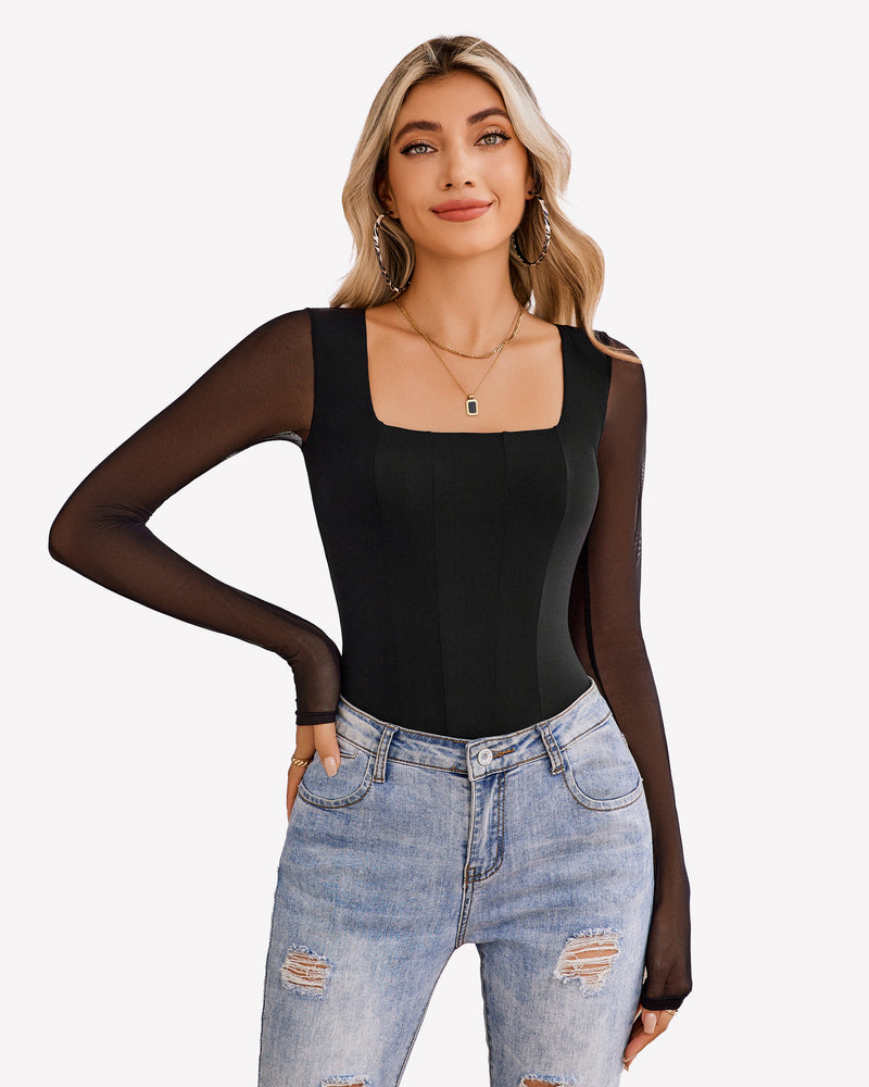 Black square neck mesh leotard top with mesh sleeves, paired with light blue jeans.