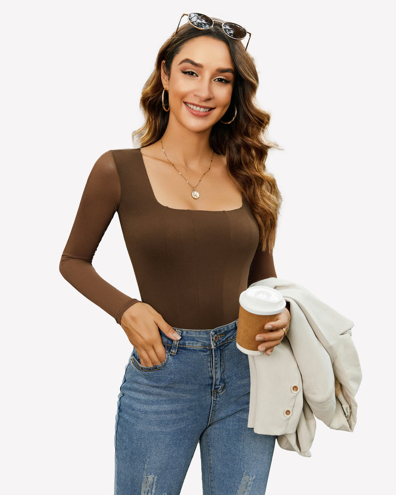 Brown square neck mesh leotard top from Avidlove, featuring mesh sleeves and bodycon fit