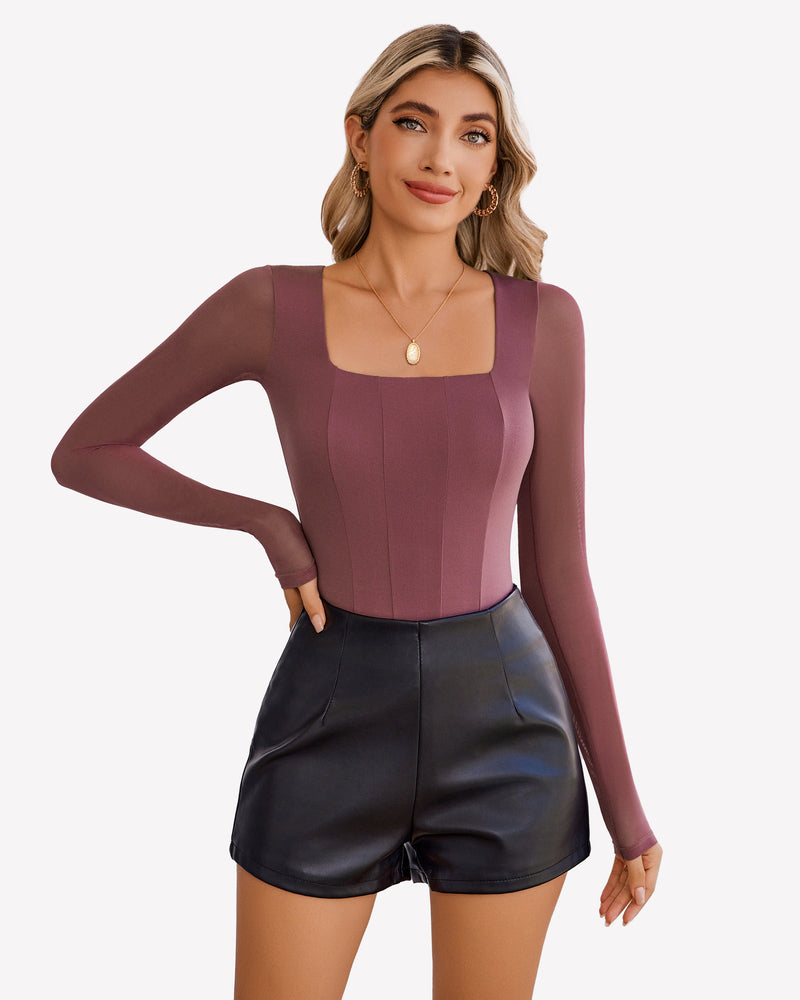 Burgundy square neck mesh leotard top with mesh sleeves and black shorts. Avidlove bodycon style.