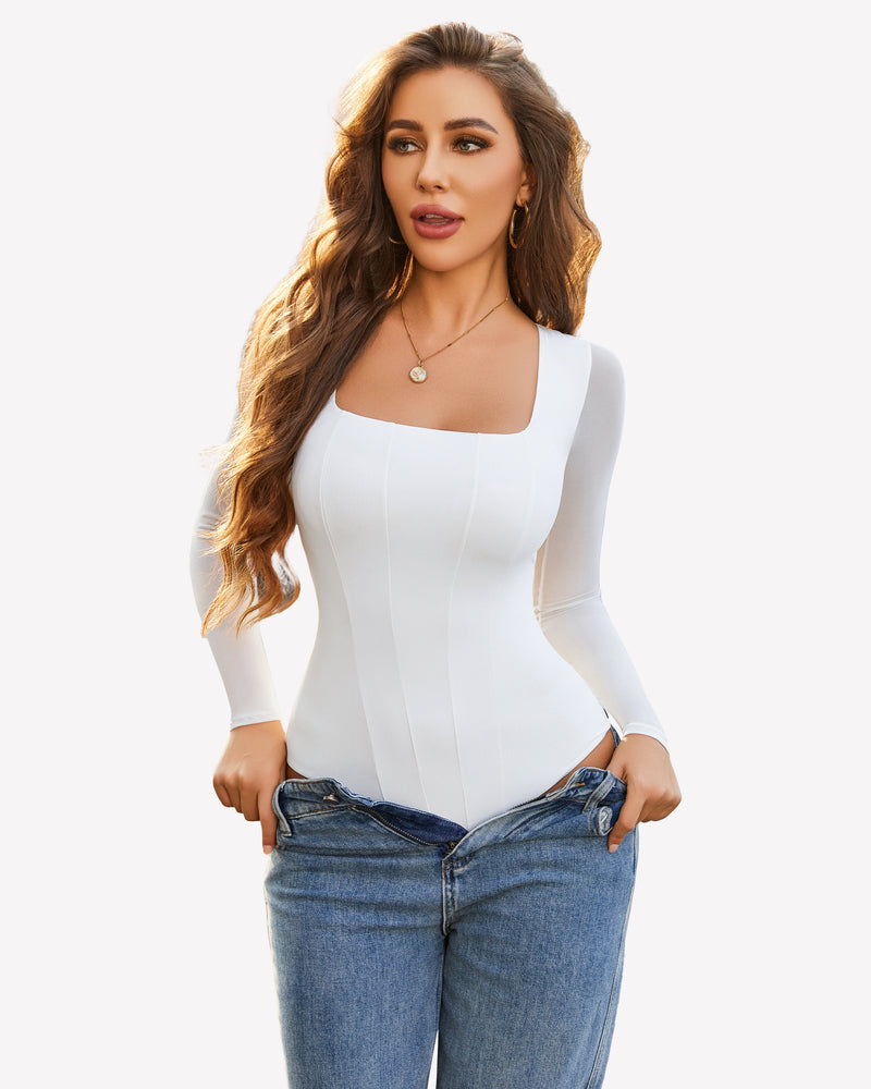 White square neck mesh leotard top with jeans, Avidlove bodycon style