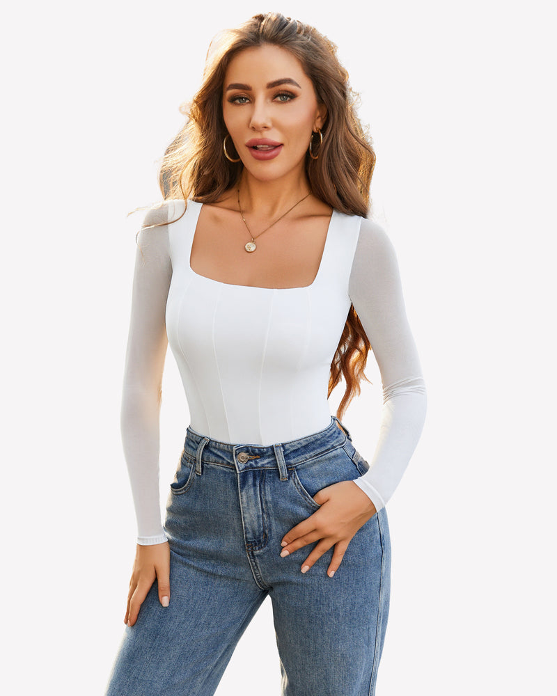 White square neck mesh leotard top with mesh sleeves and jeans by Avidlove, bodycon style