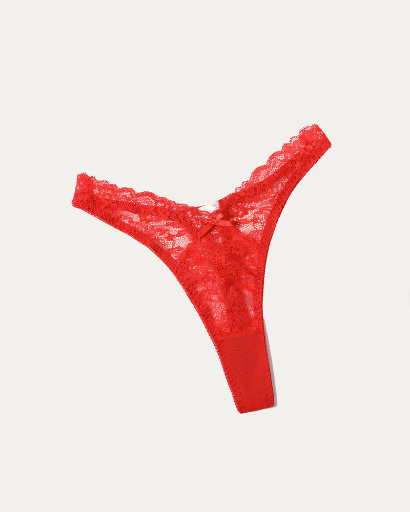 Red lace G-string thong panty by Avidlove. Floral lace design, sexy lingerie.
