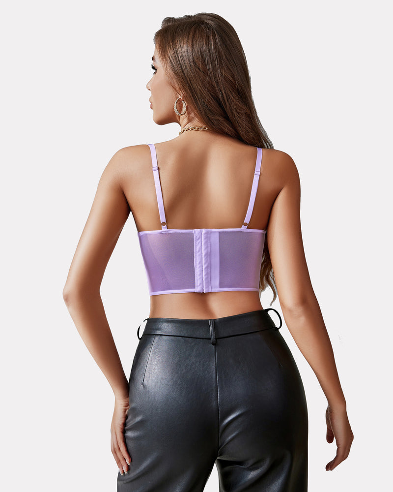Lilac underwired racerback crop top with adjustable straps and black leather pants; lingerie.