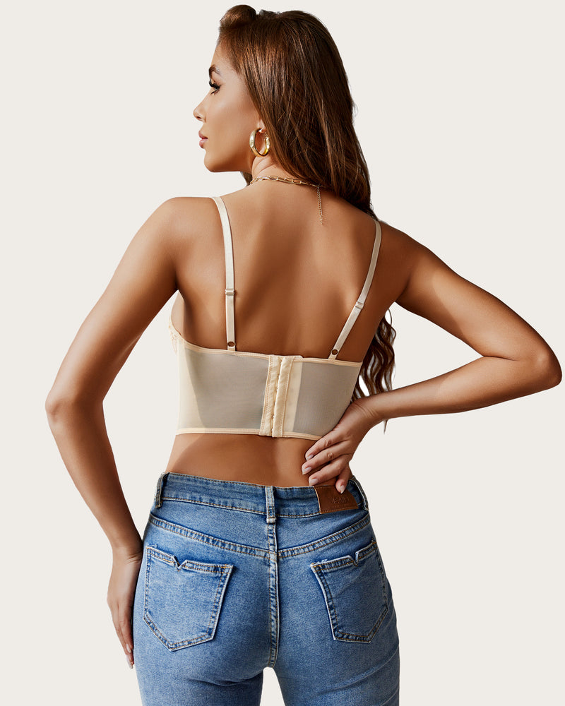 Beige floral lace underwired crop top, adjustable straps. Lingerie with blue jeans; pretty look.