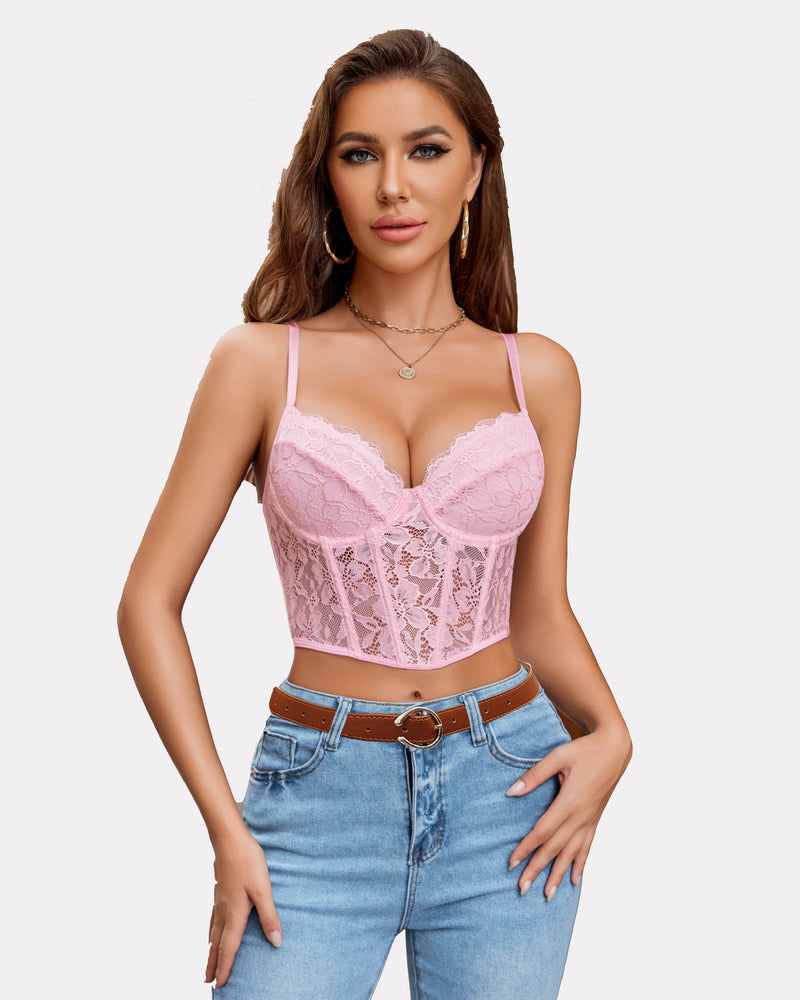 Pink floral lace underwired crop top on model, adjustable straps, with jeans; lingerie look