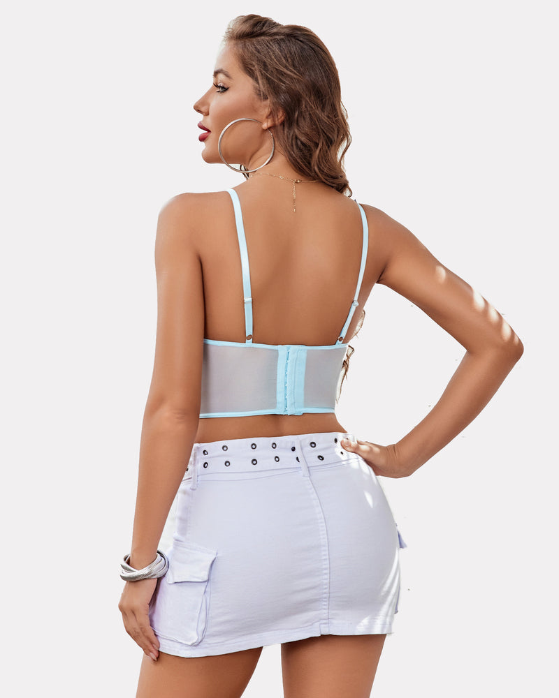 Light blue underwired racerback crop top with white denim skirt; sexy lingerie for women