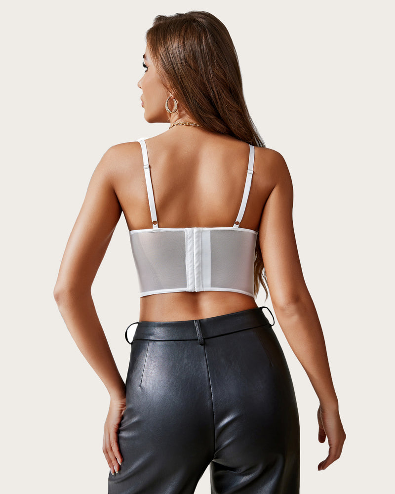 White lace underwired racerback crop top with adjustable straps and black leather pants