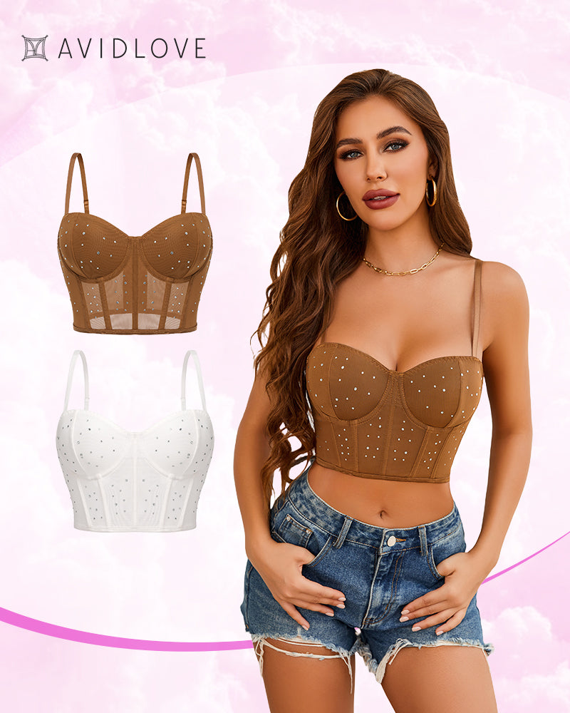 Rhinestone corset top, brown and white bustiers from Avidlove, club top design for confidence
