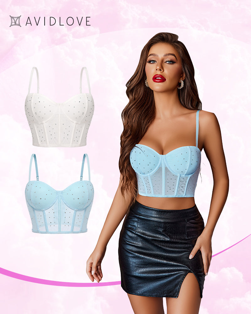 Rhinestone bustier top, available in light blue and white, perfect club top from Avidlove.