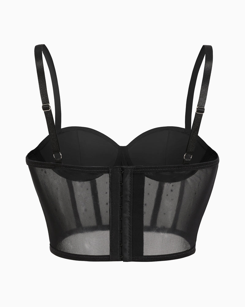 Black mesh rhinestone corset top with adjustable straps and hook closure