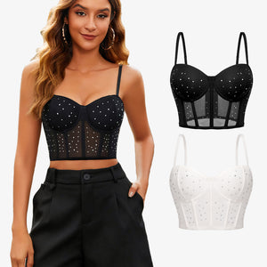 Rhinestone corset top, available in black and white, perfect for clubbing