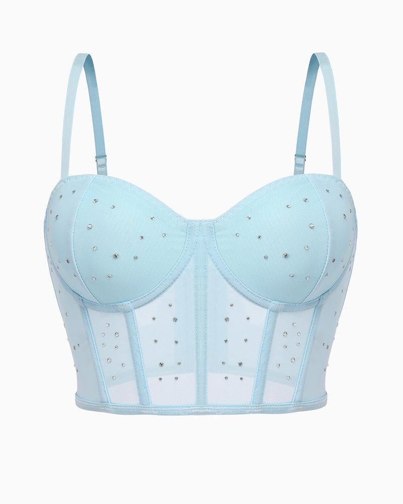 Blue rhinestone corset top, adjustable straps, slim fit, mesh details. Sexy bustier for nights out.