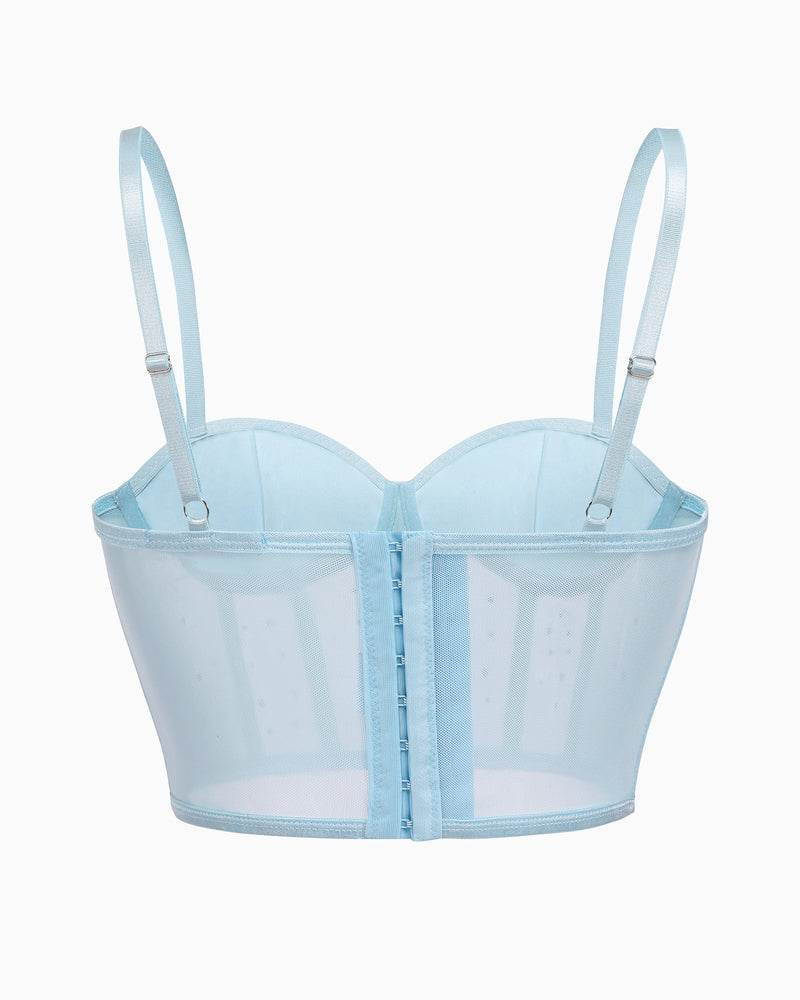 Light blue rhinestone corset top with adjustable straps and hook closure, mesh detail