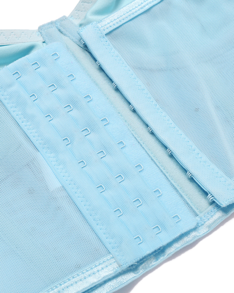 Light blue bustier hook and eye closure. Adjustable straps, slim fit club top from Avidlove.