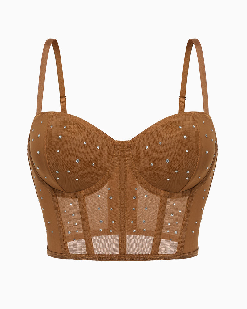 Caramel rhinestone corset top. Adjustable straps, mesh detail, slim fit bustier for nights out