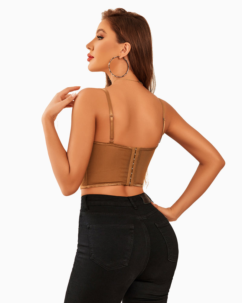 Caramel rhinestone corset top with adjustable straps and hook closure, black jeans. Slim fit bustier