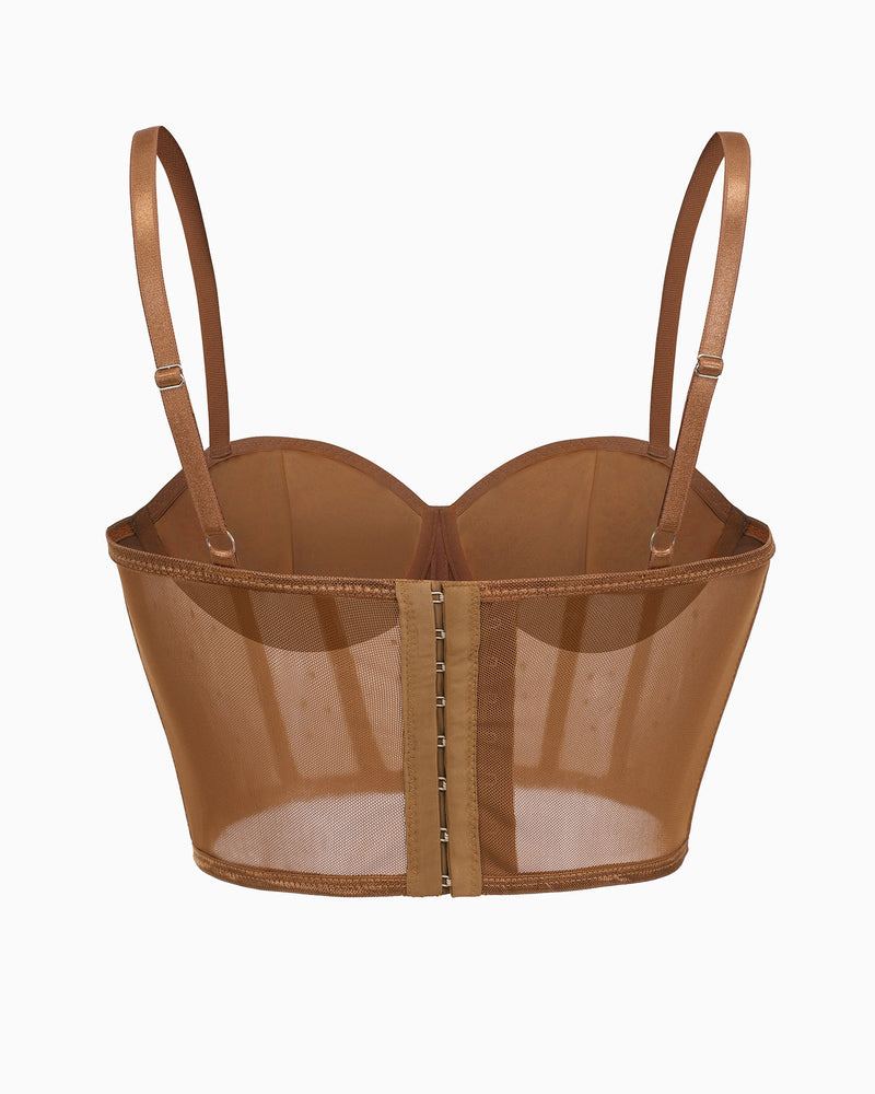 Caramel mesh bustier top with adjustable straps and hook closure, perfect for nights out