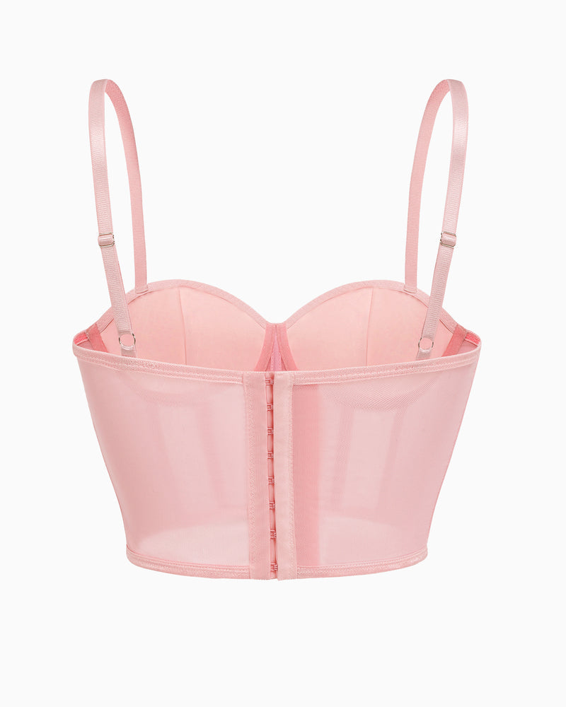 Pink bustier top with adjustable straps and hook closure, mesh details. Sexy slim fit.