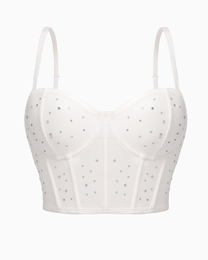 White rhinestone corset top. Adjustable straps, slim fit bustier for clubbing.