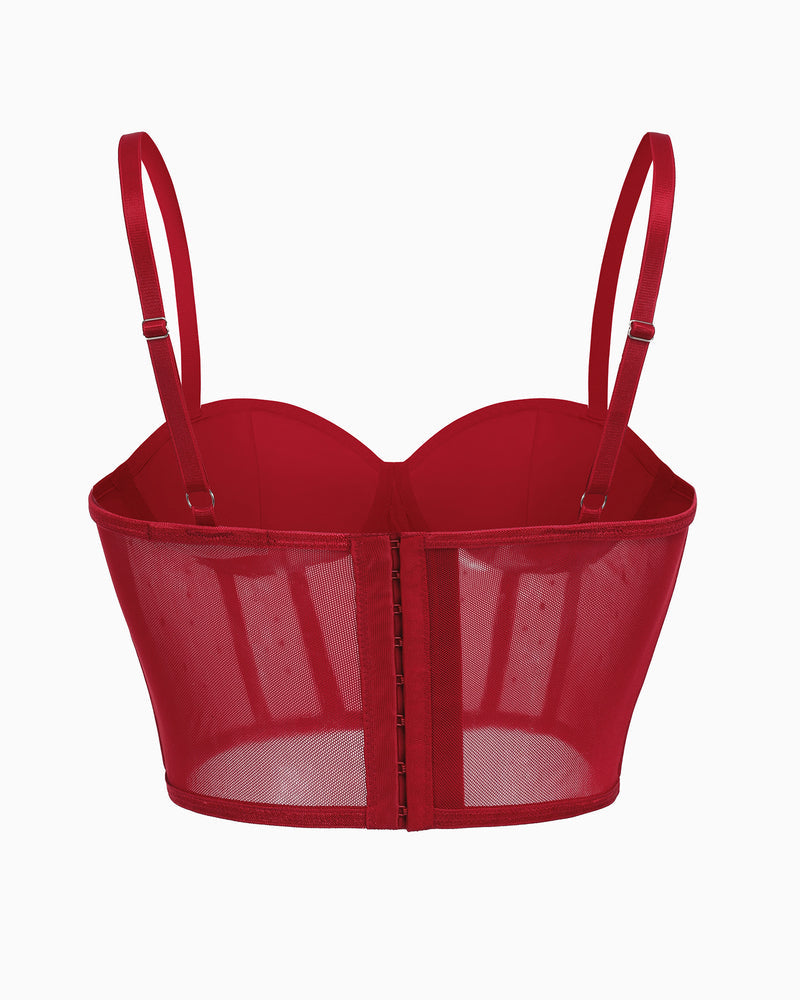 Red corset bustier top with adjustable straps, hook closure. Slim fit club top from Avidlove.