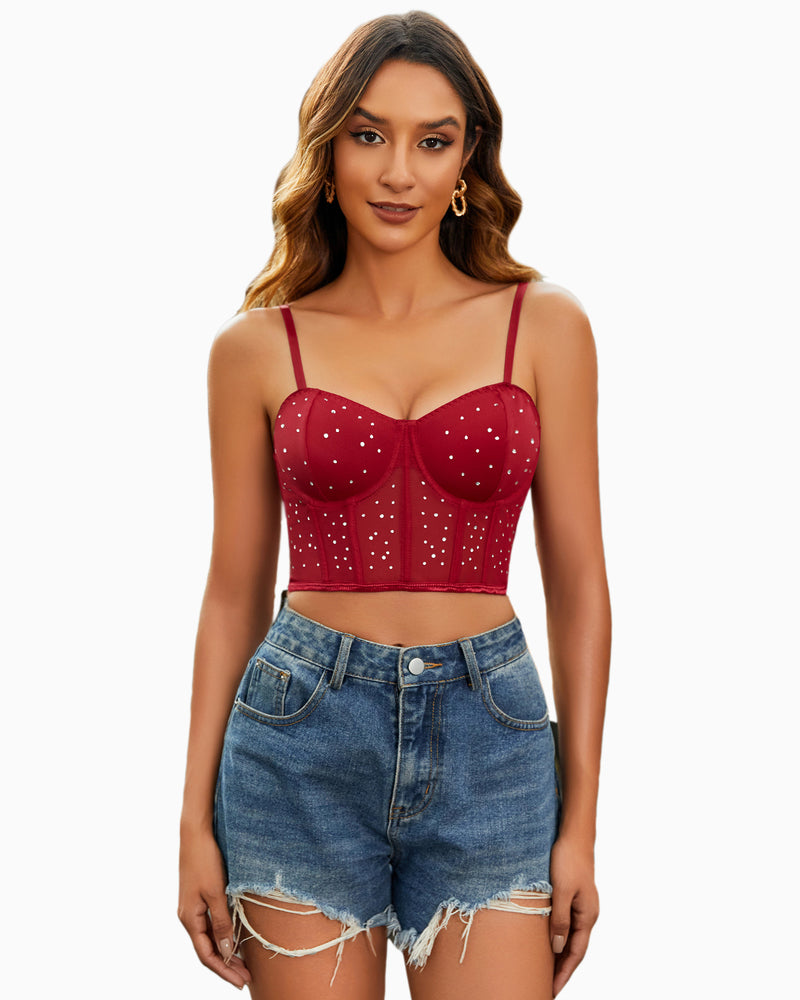Rhinestone corset top, burgundy with mesh and adjustable straps, paired with denim shorts. Sexy.