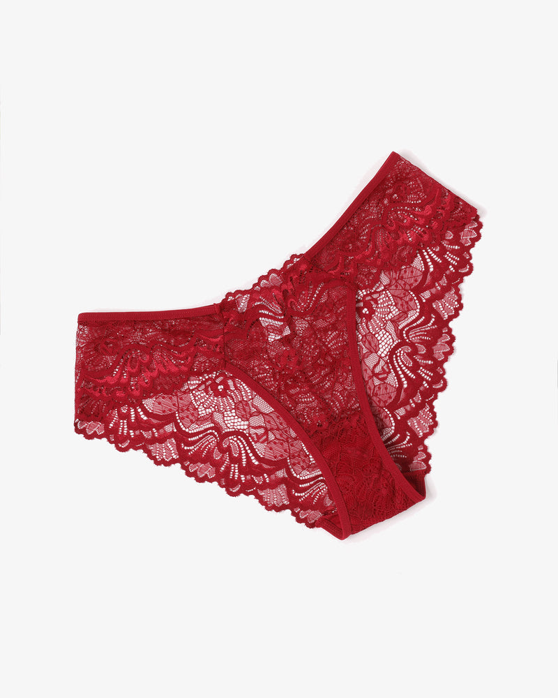 Red lace hipster panties from Avidlove. Low-rise, floral design, breathable, sexy lingerie.