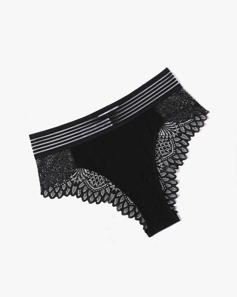 Black lace hipster panties with lace back, striped waistband, cotton blend, sexy design.