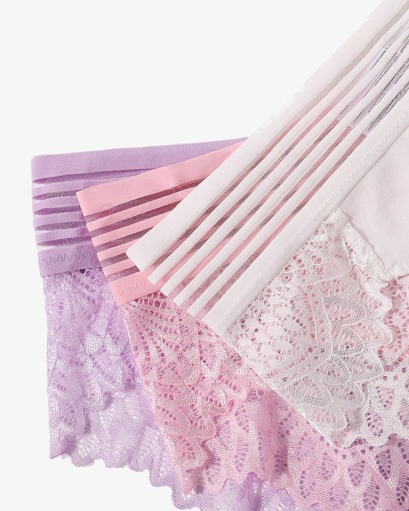 Cotton Blend Lace Cheeky Hipster Panties: Lavender, Pink, White, Lace Back.