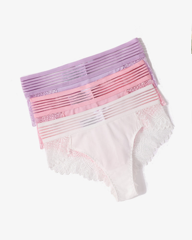 Lace Cheeky Hipster Panties in Pastel Colors: Lavender, Pink, White, with Lace Back Detail