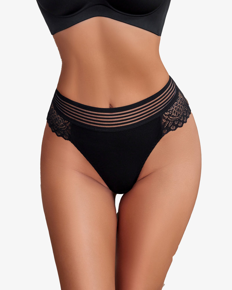Black lace cheeky hipster panties with lace back detail, comfortable cotton blend, and fishnet.