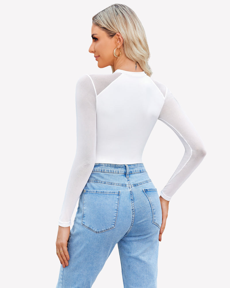 White mesh turtleneck bodysuit with long sleeves, a comfortable and sexy lingerie option