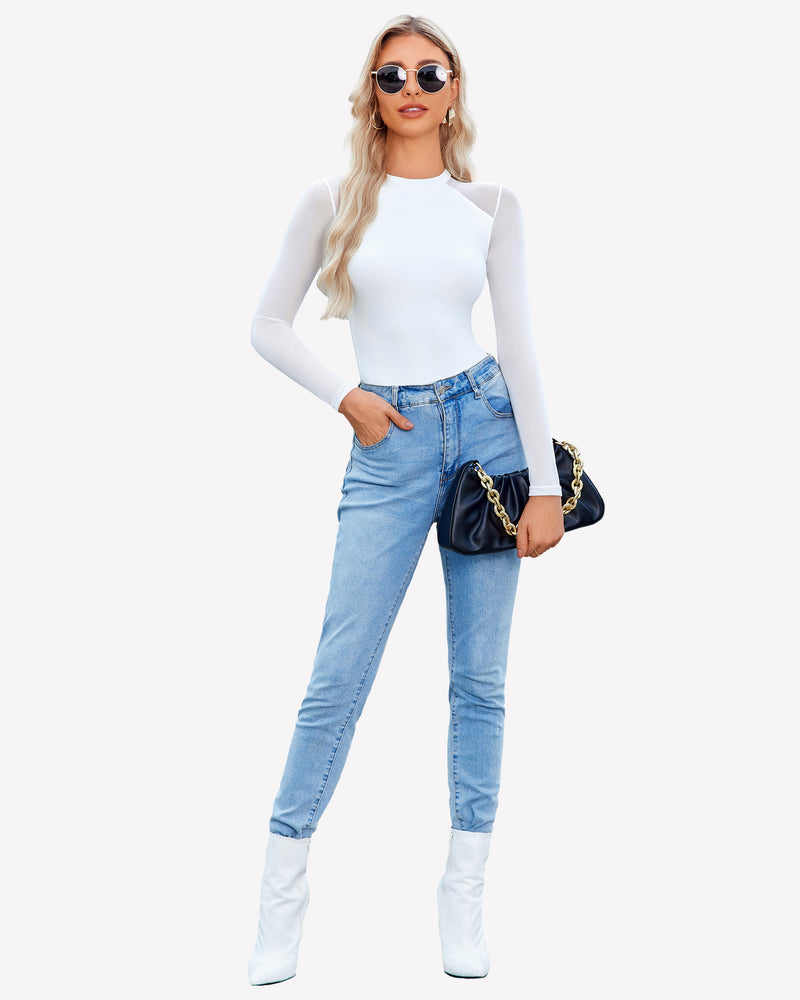 White mesh long sleeve leotard, blue jeans, white boots: a fashionable, sexy bodysuit look