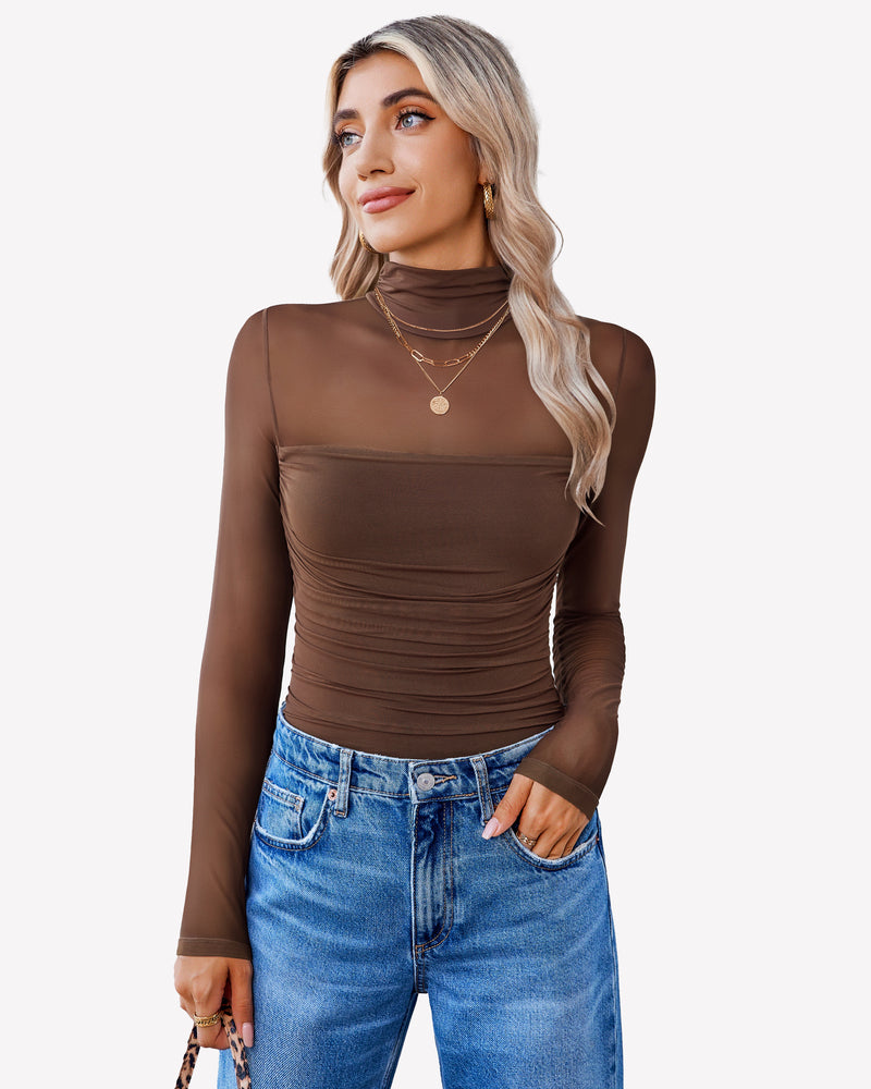 Brown mesh bodysuit with ruched front and blue jeans. Going out outfits for women.