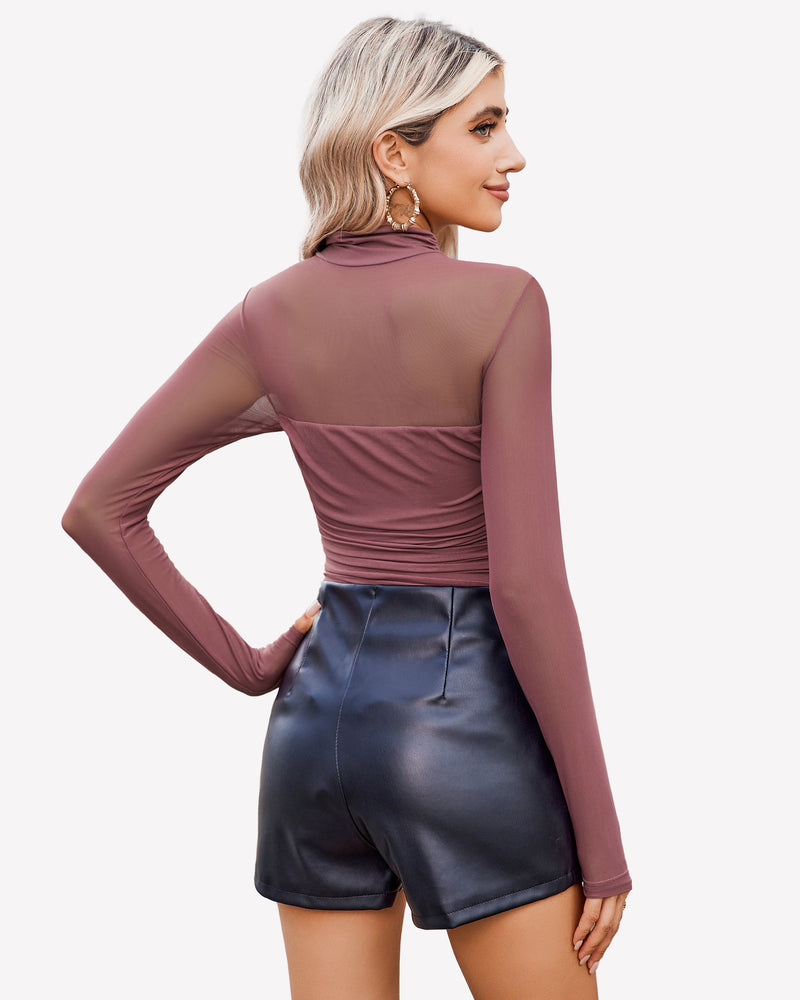 Mesh turtle neck bodysuit with ruched front, black shorts. Perfect going out outfit for women.