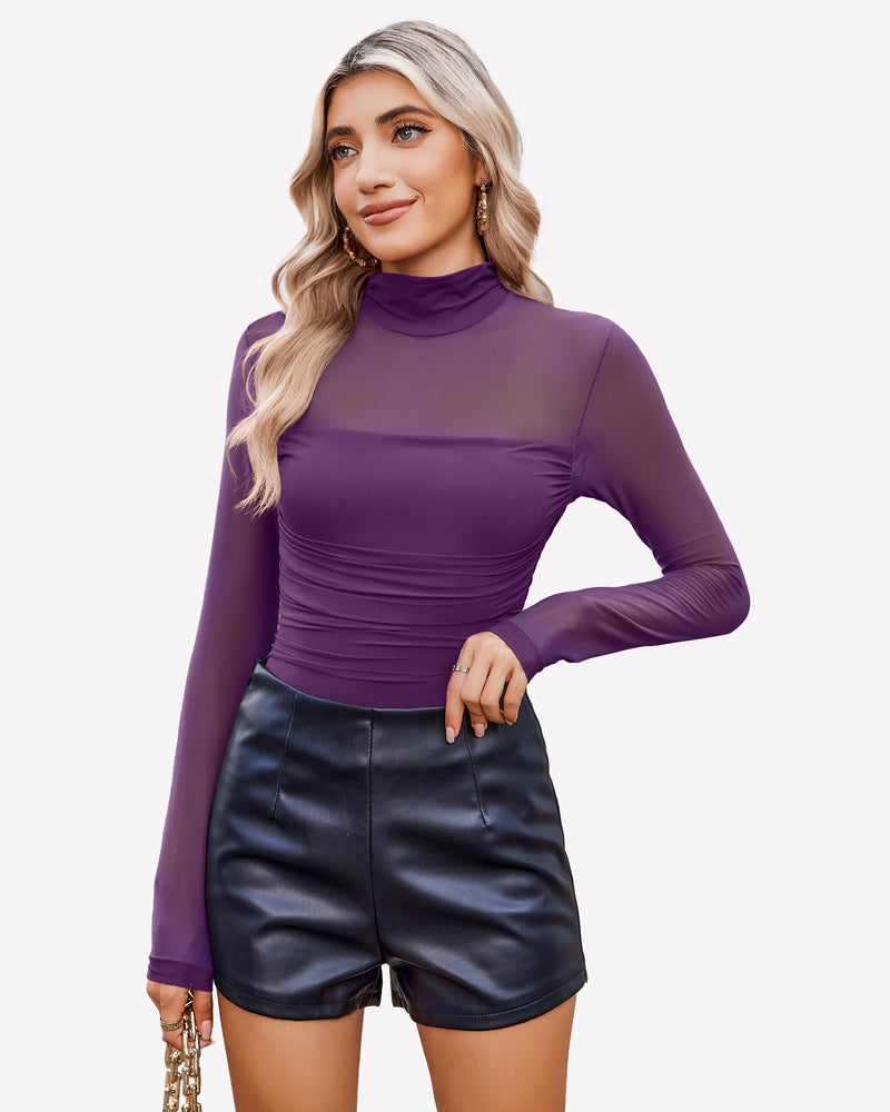 Purple mesh bodysuit with ruched front, black shorts, perfect going out outfit for women.