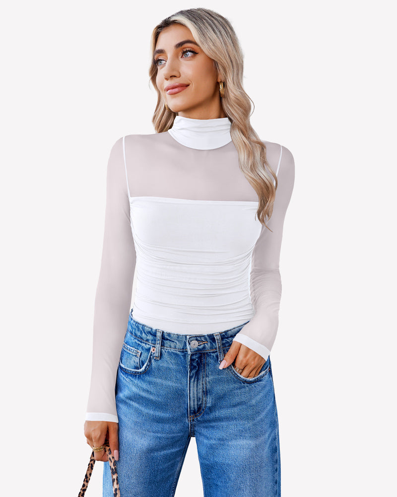 White mesh turtleneck bodysuit, ruched front, with blue jeans. Going out outfit for women.
