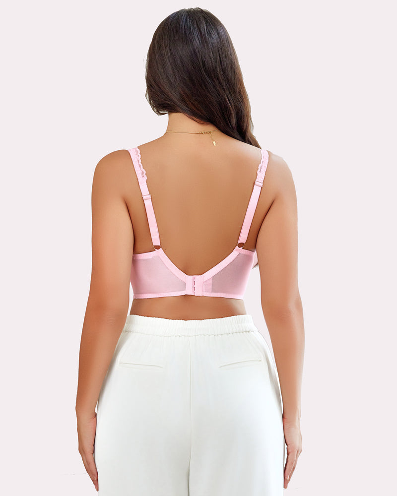 Pink lace bralette, underwire, adjustable straps, paired with white trousers. Sexy lingerie