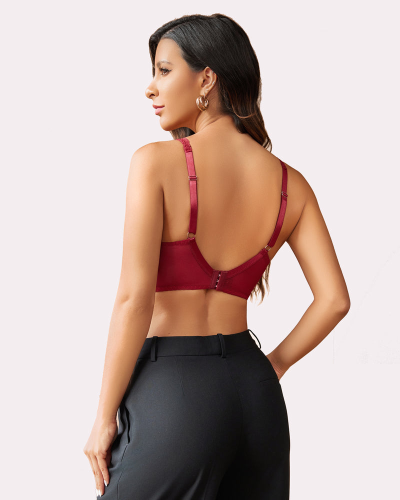 Ruby red underwire bralette with adjustable straps and black trousers. Sexy lingerie for women.