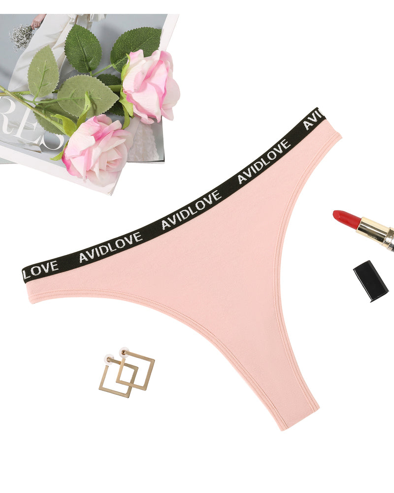 Avidlove pink cotton thong panties with branded waistband, low-rise and breathable lingerie.