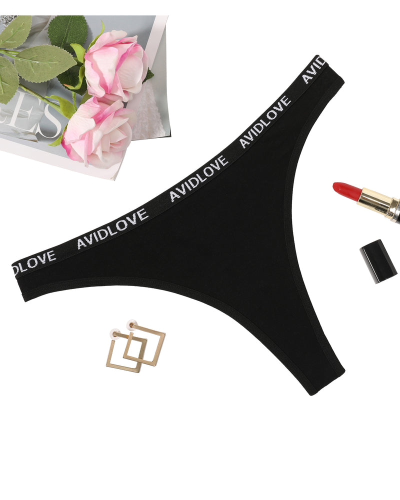 Black Avidlove low-rise cotton thong with branded waistband; comfortable and breathable lingerie.