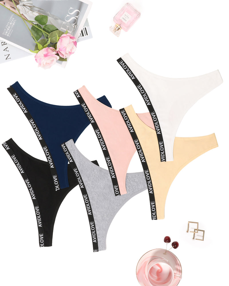 Avidlove cotton thong panties in various colors; low-rise, breathable lingerie with Avidlove logo.