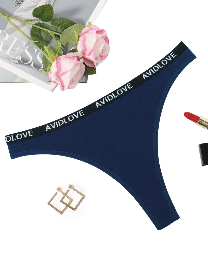 Avidlove navy cotton thong low-rise with branded waistband; comfortable and breathable lingerie.